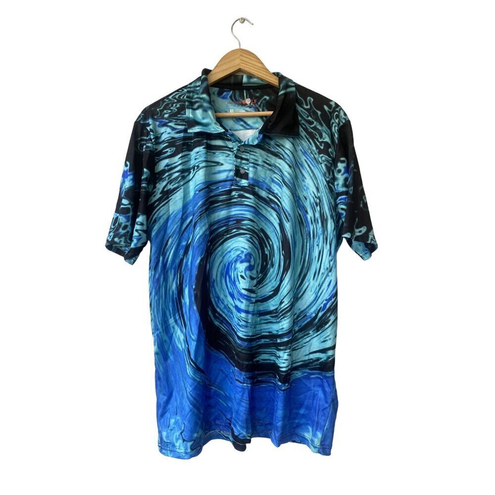 Play Loud Golf Shirt Mens‎ XL Polo Swirl Abstract Bold Vibrant Hurricane Blue